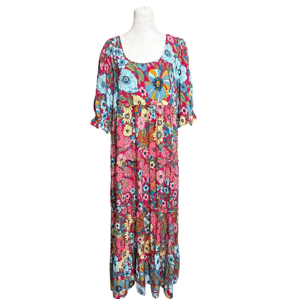 Natural Life Floral Tiered Maxi Dress L Boho Retro Cottagecore Festival Rayon